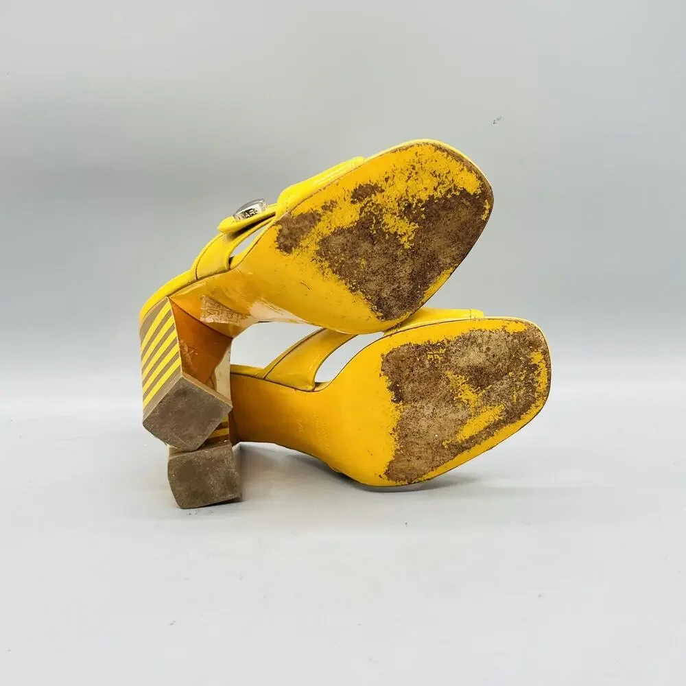 Marc By Marc Jacobs Sandals Womens 7.5 Yellow Patent Leather Slide Striped Heel